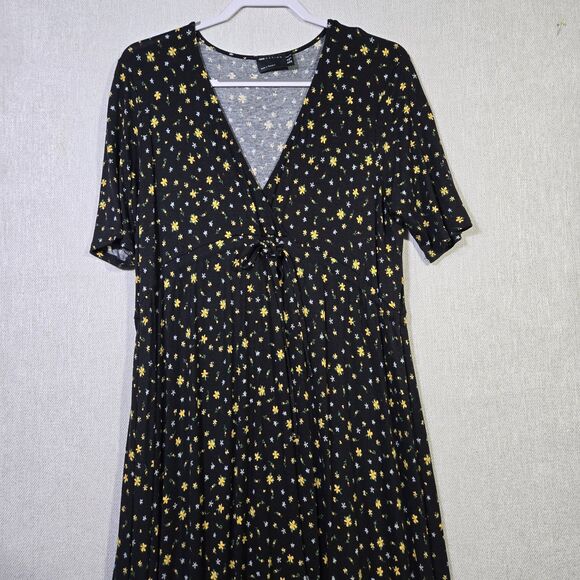 ASOS Maternity Dress Ditzy Floral Long V Tie Front 8 Black Yellow - Picture 1 of 16